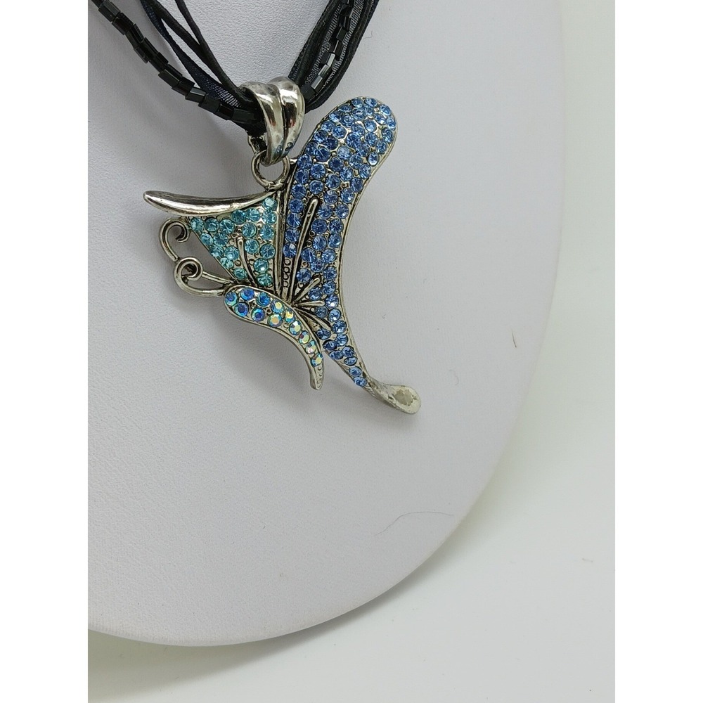 Blue Rhinestone Butterfly Pendant Multi Strand Black Ribbon Necklace Chocker NOS - Picture 9 of 17